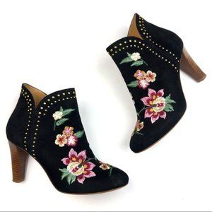 Sezane Embroidered Floral Black Suede Ankle Boots Sz 38